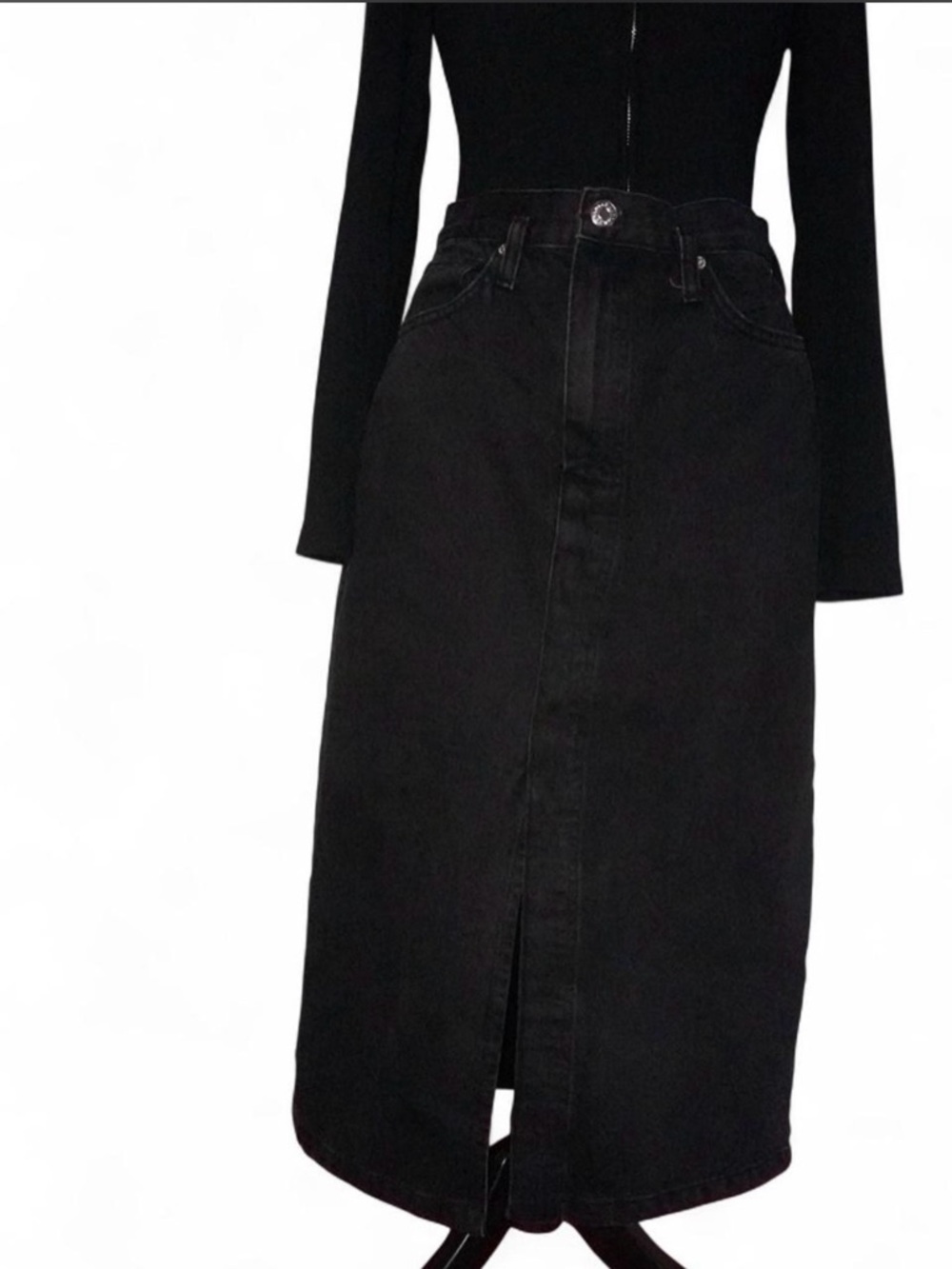 Mango Black High-Rise Denim Midi Skirt with Front Slit